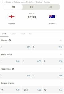 The ashes odds Parimatch