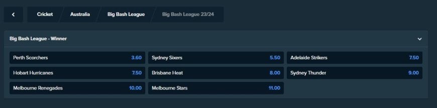 big bash league betting odds - outright